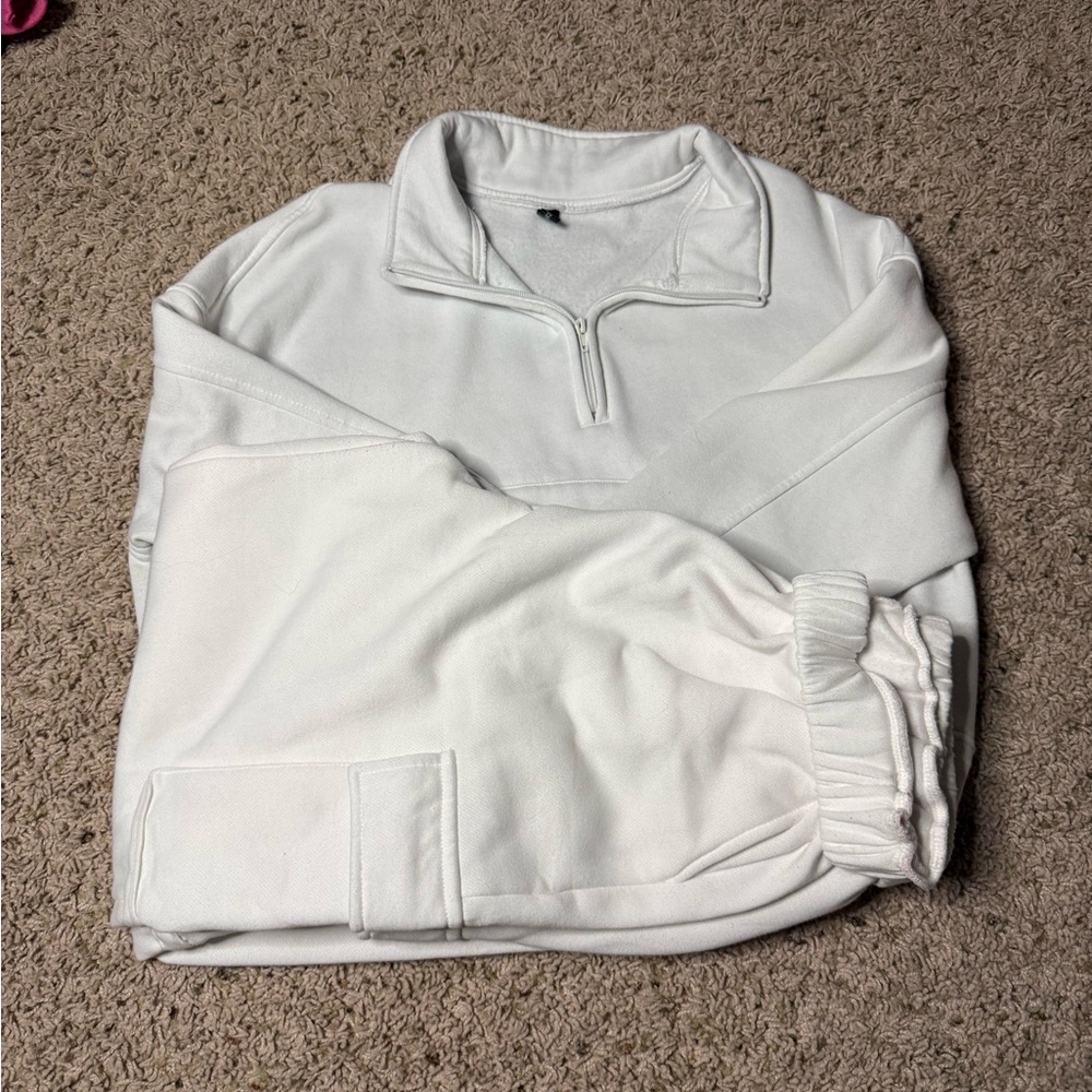 White Quarter-Zip Pullover and Joggers Set
